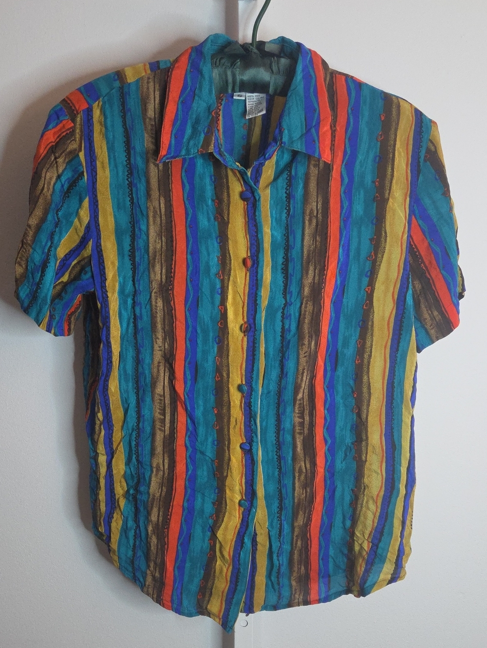 Vintage Allison Taylor 100% Silk Striped Short Sleeve Shirt Small Teal Orange 90